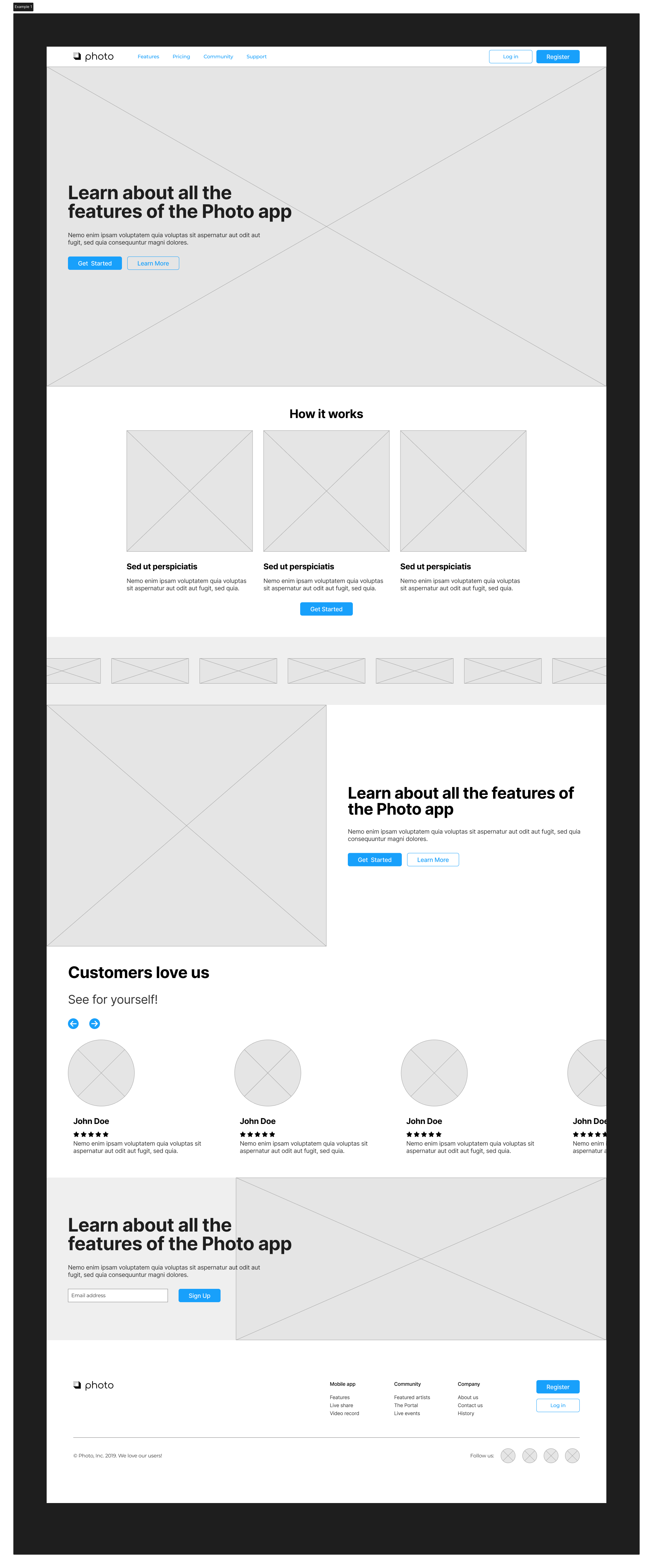 A wireframe mockup of a web page design
